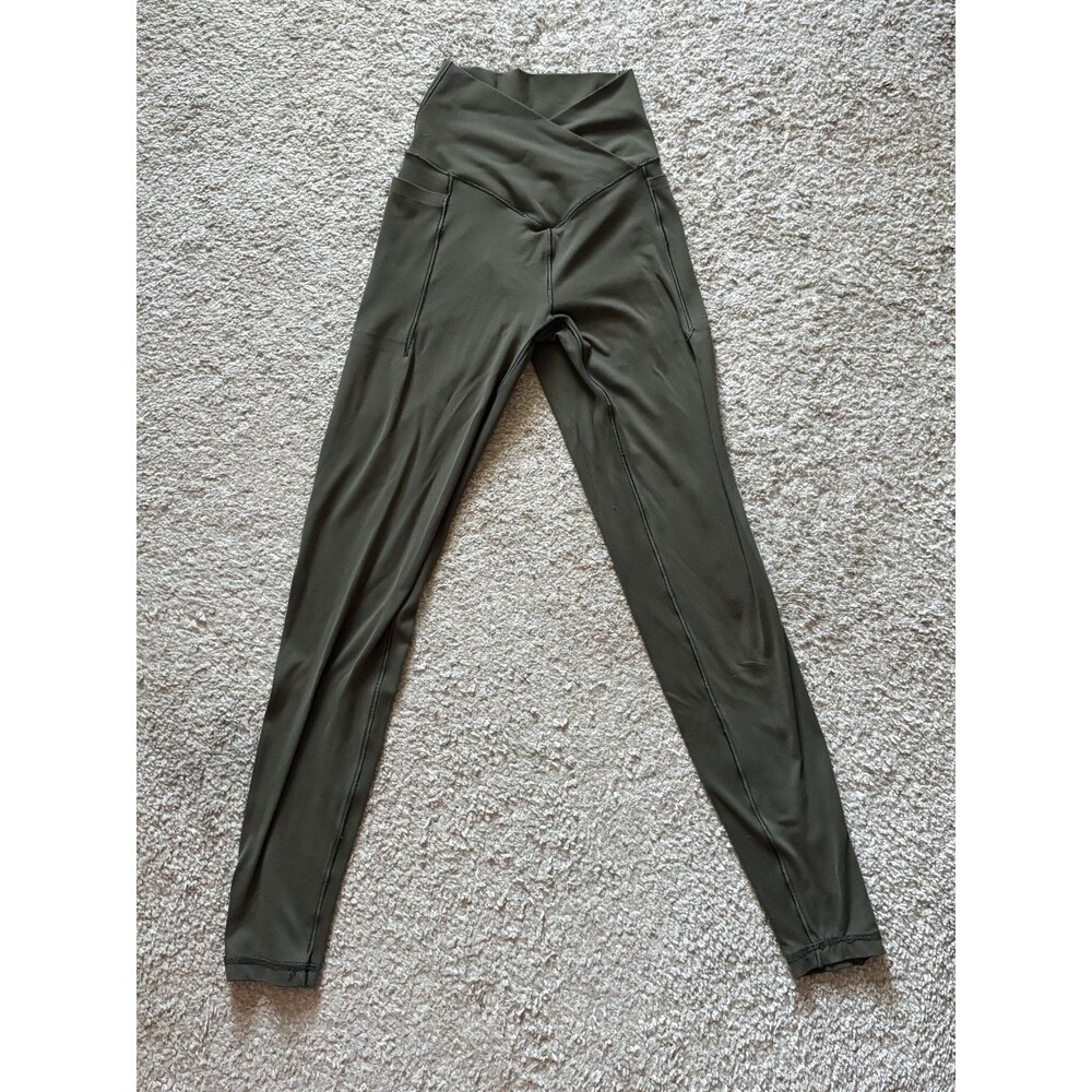 Aerie Offline Goals Hi Rise Long Inseam Olive Green Leggings With Pockets Sz XS